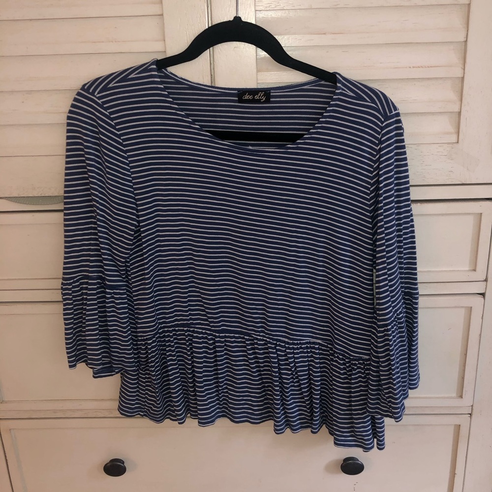 Blue and White Striped Peplum 3/4 Sleeve Top